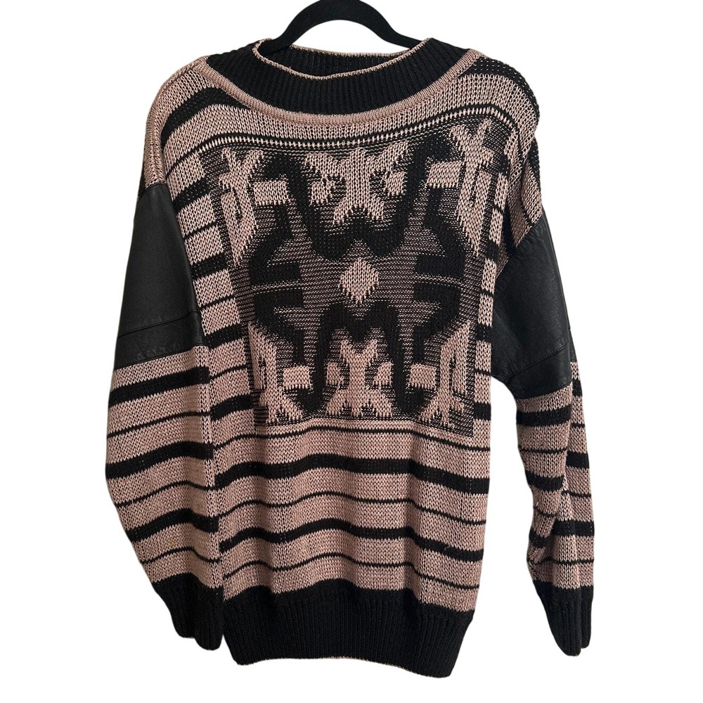 Vintage LORA Sweater Medium Black Beige Leather Shoulder Patches Israel Aztec